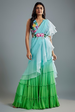 Aqua Green Pant Saree Set by Dinesh Malkani