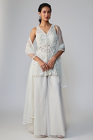 Off-White Organza Hand Embroidered Sharara Set by Dinesh Malkani
