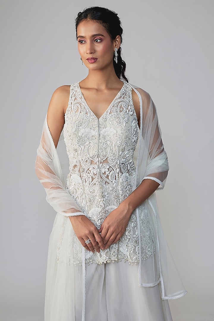 Off-White Organza Hand Embroidered Wedding Sharara Set by Dinesh Malkani at Pernia's Pop Up Shop