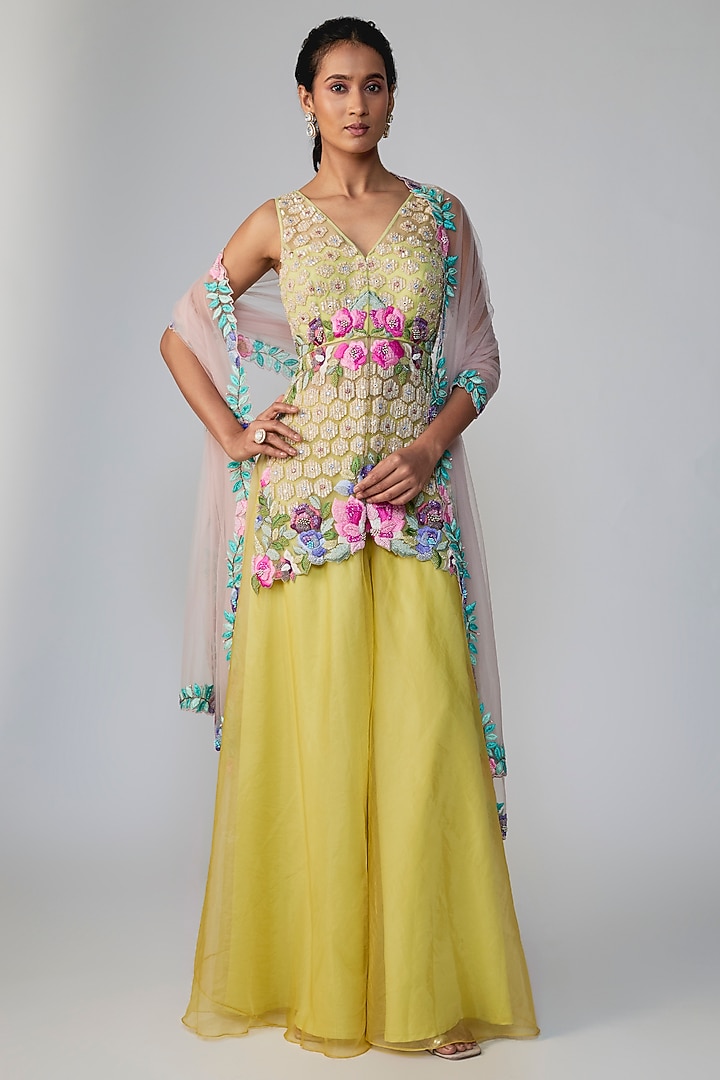 Green Organza Hand Embroidered Wedding Sharara Set by Dinesh Malkani at Pernia's Pop Up Shop