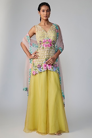 Green Organza Hand Embroidered Sharara Set by Dinesh Malkani