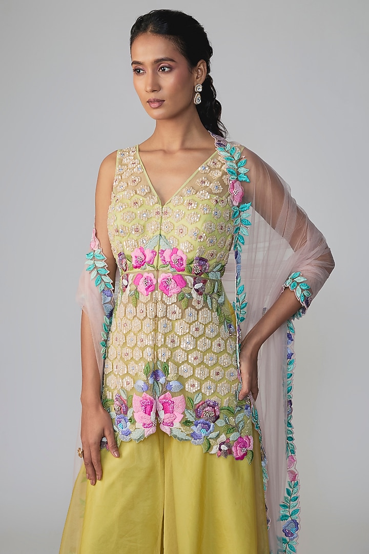 Green Organza Hand Embroidered Wedding Sharara Set by Dinesh Malkani at Pernia's Pop Up Shop
