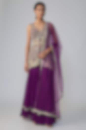 Wine Georgette Gold Embroidered Wedding Sharara Set by Dinesh Malkani at Pernia's Pop Up Shop