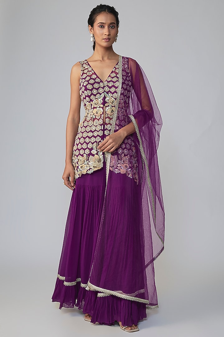 Wine Georgette Gold Embroidered Wedding Sharara Set by Dinesh Malkani at Pernia's Pop Up Shop