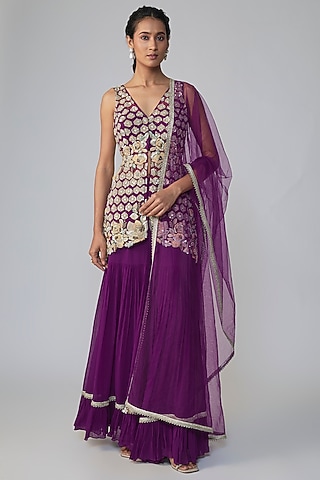 Wine Georgette Gold Embroidered Sharara Set by Dinesh Malkani
