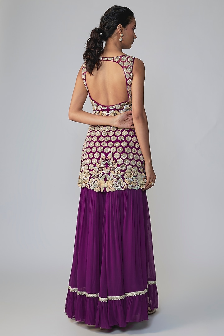 Wine Georgette Gold Embroidered Wedding Sharara Set by Dinesh Malkani at Pernia's Pop Up Shop