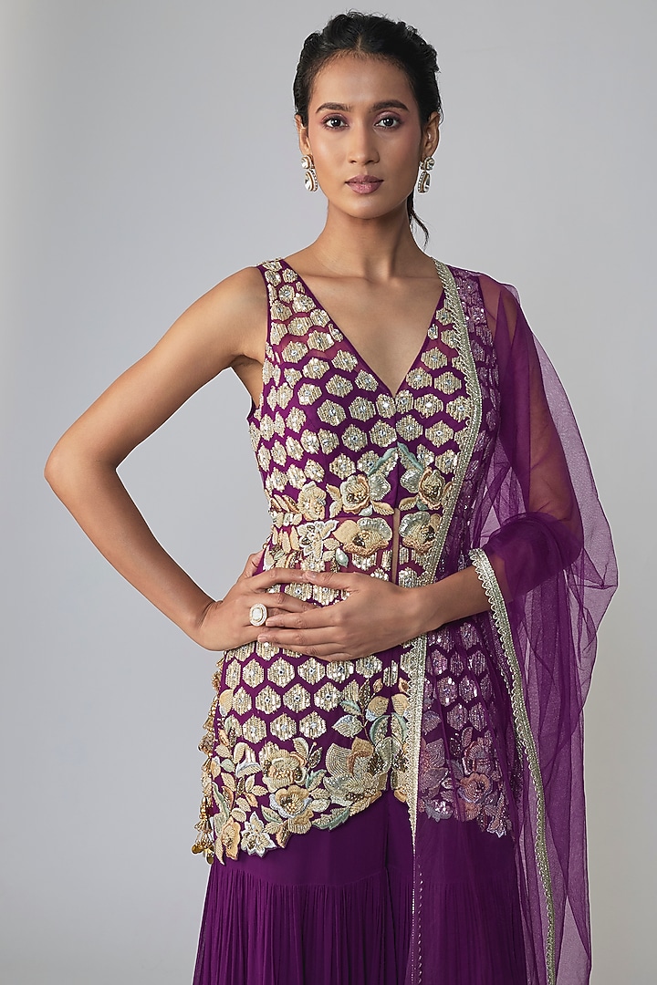 Wine Georgette Gold Embroidered Wedding Sharara Set by Dinesh Malkani at Pernia's Pop Up Shop