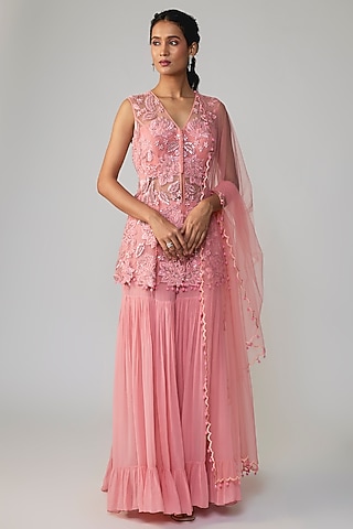 Pink Georgette Embroidered Sharara Set by Dinesh Malkani