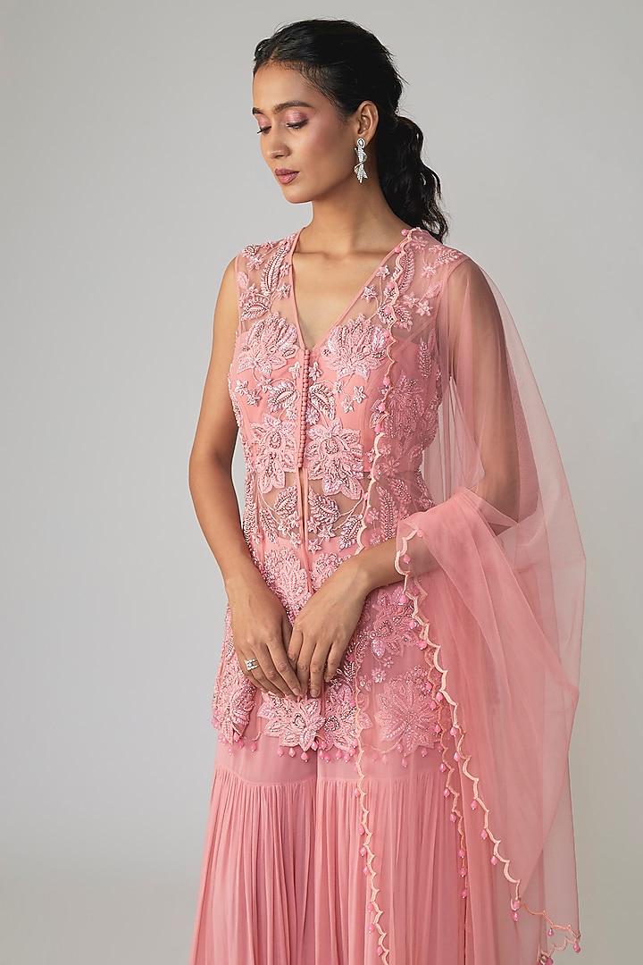Pink Georgette Embroidered Wedding Sharara Set by Dinesh Malkani at Pernia's Pop Up Shop