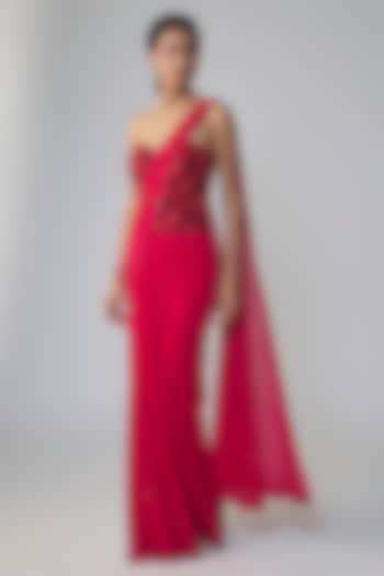 Red Stretch Net Draped Wedding Saree Set by Dinesh Malkani at Pernia's Pop Up Shop