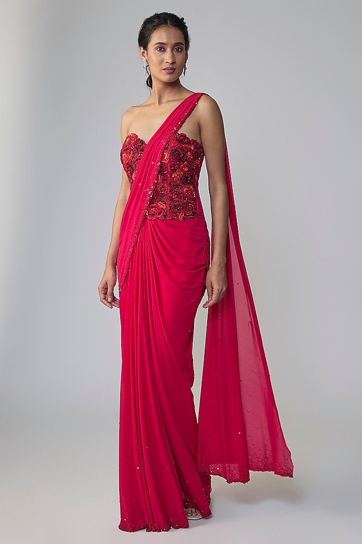 Red Stretch Net Draped Wedding Saree Set by Dinesh Malkani at Pernia's Pop Up Shop