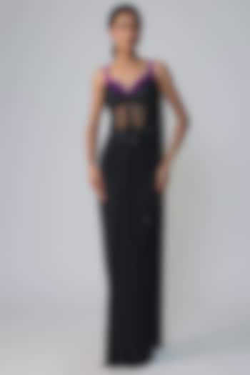 Black & Purple Georgette Draped Wedding Saree Set by Dinesh Malkani at Pernia's Pop Up Shop