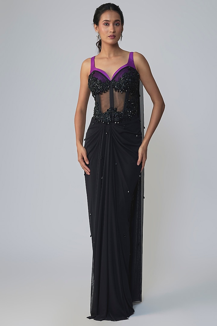 Black & Purple Georgette Draped Wedding Saree Set by Dinesh Malkani at Pernia's Pop Up Shop