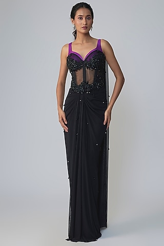 Black & Purple Georgette Draped Saree Set by Dinesh Malkani