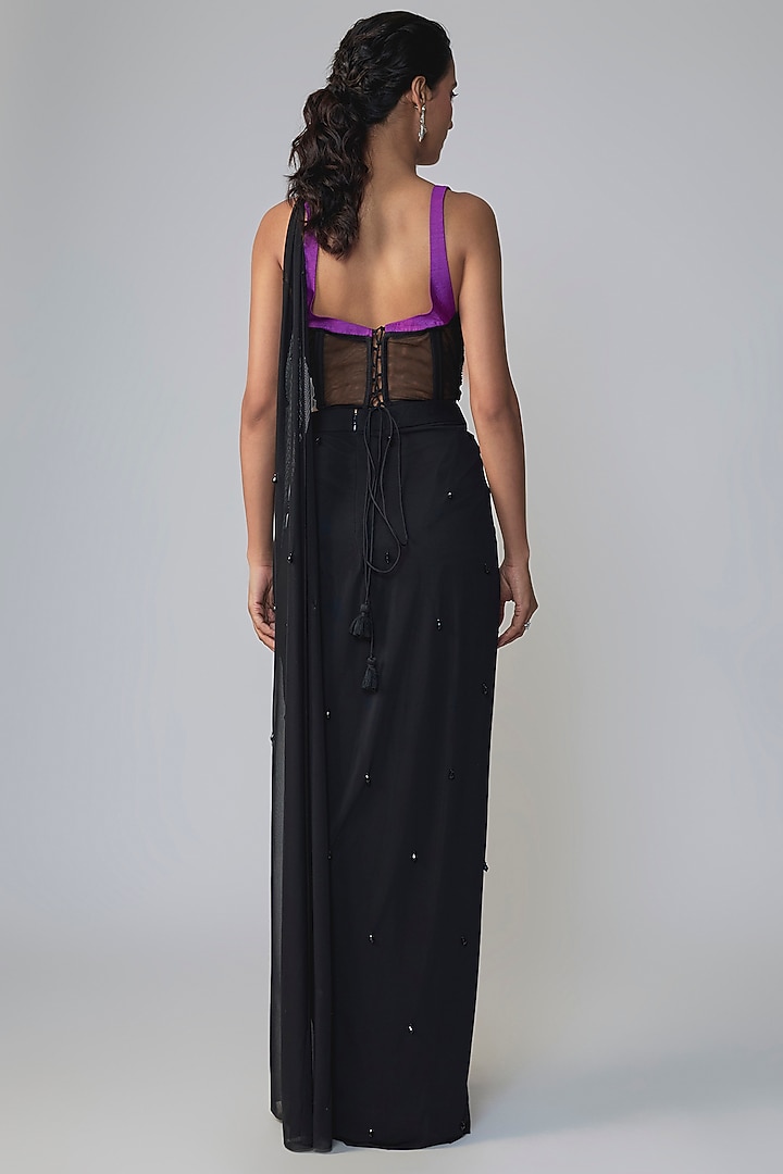Black & Purple Georgette Draped Wedding Saree Set by Dinesh Malkani at Pernia's Pop Up Shop