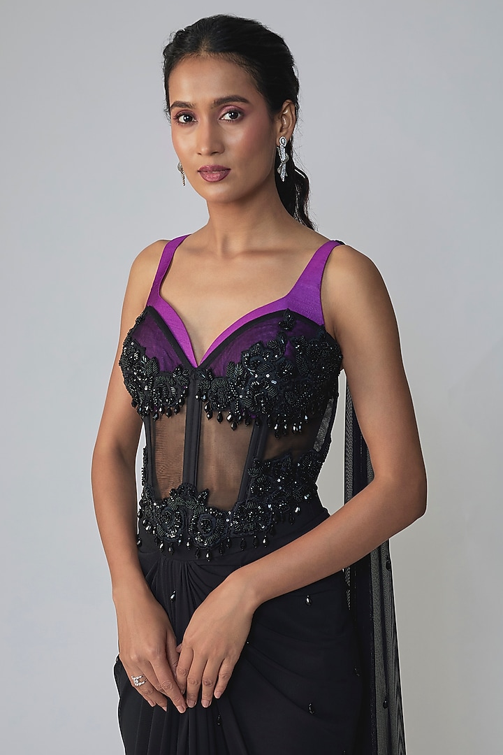 Black & Purple Georgette Draped Wedding Saree Set by Dinesh Malkani at Pernia's Pop Up Shop