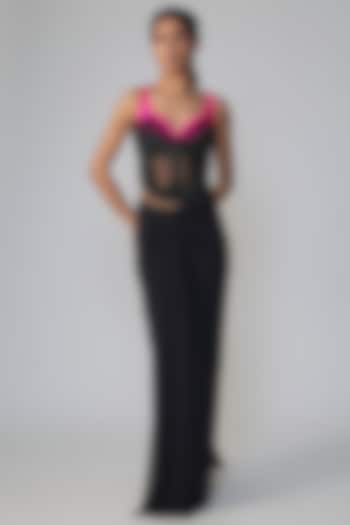 Black & Pink Stretch Net Draped Wedding Saree Set by Dinesh Malkani at Pernia's Pop Up Shop