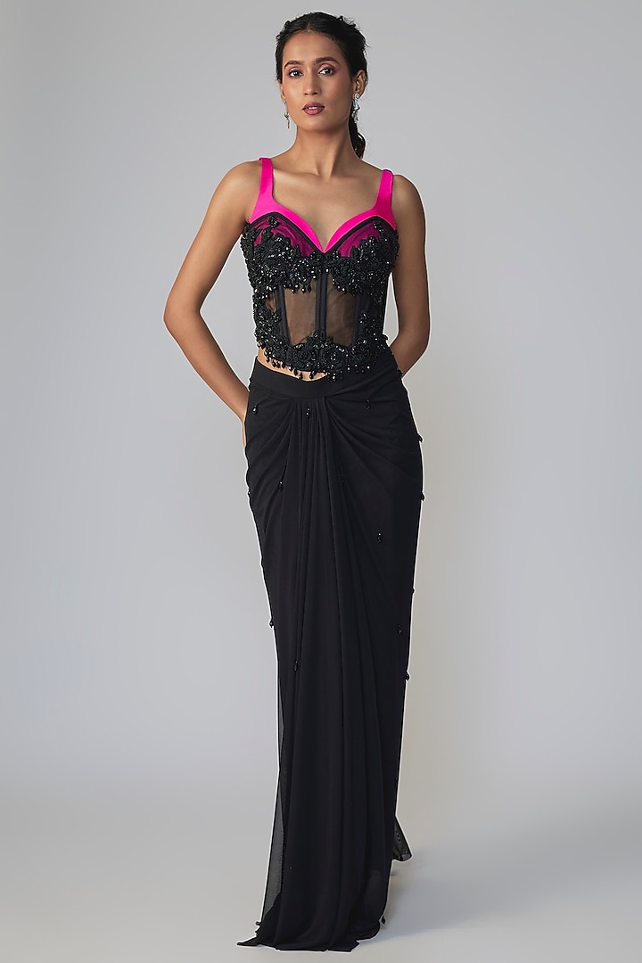 Black & Pink Stretch Net Draped Wedding Saree Set by Dinesh Malkani at Pernia's Pop Up Shop
