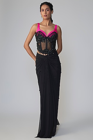 Black & Pink Stretch Net Draped Saree Set by Dinesh Malkani