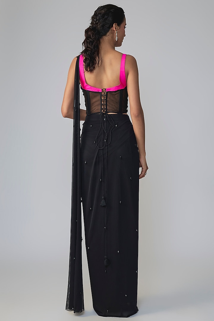 Black & Pink Stretch Net Draped Wedding Saree Set by Dinesh Malkani at Pernia's Pop Up Shop