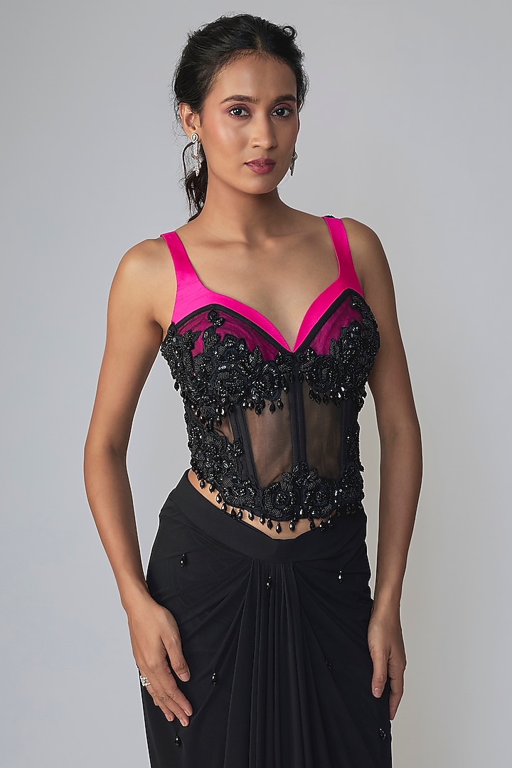 Black & Pink Stretch Net Draped Wedding Saree Set by Dinesh Malkani at Pernia's Pop Up Shop