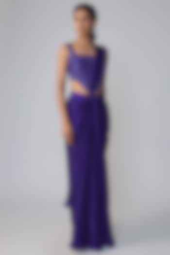 Purple Stretch Net Draped Wedding Saree Set by Dinesh Malkani at Pernia's Pop Up Shop