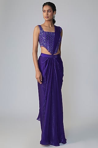 Purple Stretch Net Draped Saree Set by Dinesh Malkani
