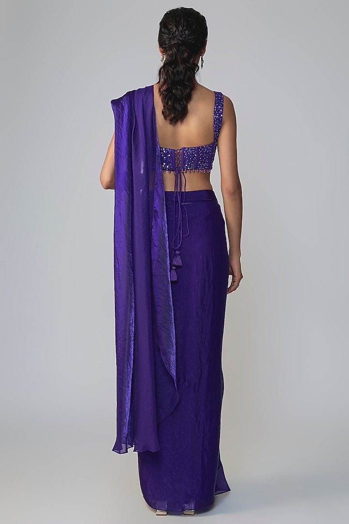 Purple Stretch Net Draped Wedding Saree Set by Dinesh Malkani at Pernia's Pop Up Shop