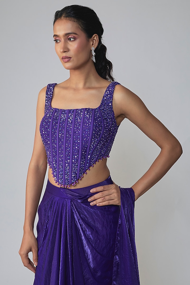 Purple Stretch Net Draped Wedding Saree Set by Dinesh Malkani at Pernia's Pop Up Shop