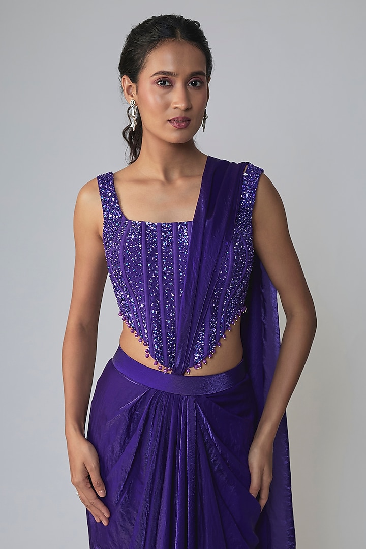 Purple Stretch Net Draped Wedding Saree Set by Dinesh Malkani at Pernia's Pop Up Shop