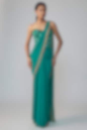 Green Stretch Net Draped Wedding Saree Set by Dinesh Malkani at Pernia's Pop Up Shop