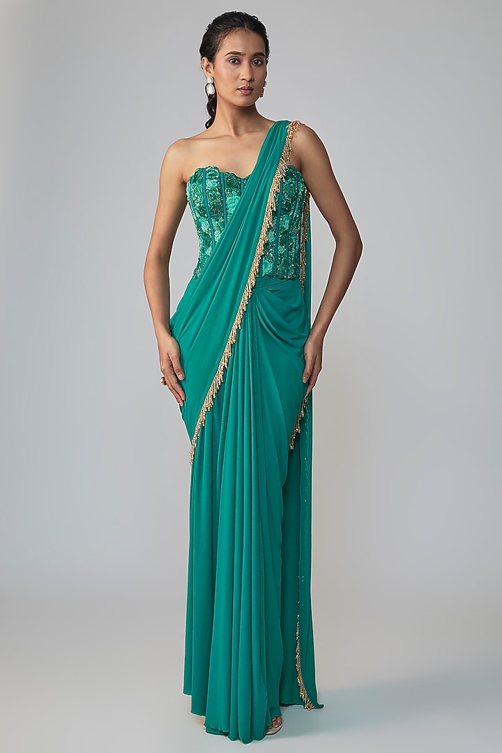 Green Stretch Net Draped Wedding Saree Set by Dinesh Malkani at Pernia's Pop Up Shop