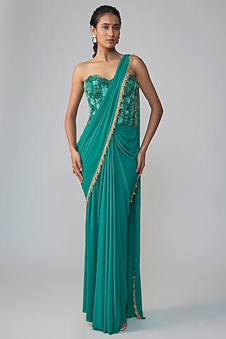 Green Stretch Net Draped Saree Set by Dinesh Malkani