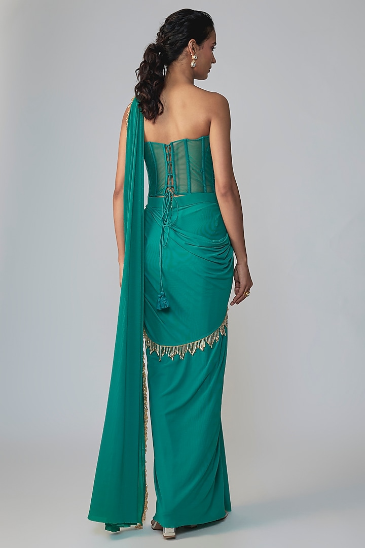 Green Stretch Net Draped Wedding Saree Set by Dinesh Malkani at Pernia's Pop Up Shop