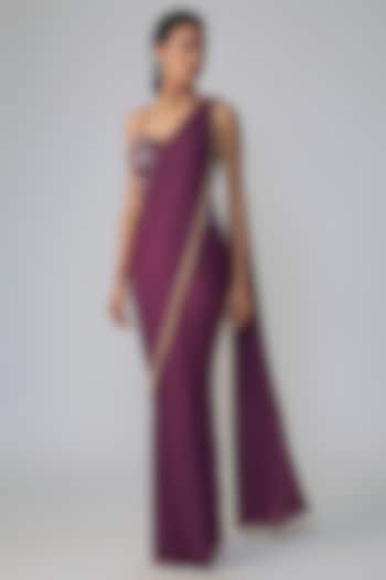 Wine Stretch Net Draped Wedding Saree Set by Dinesh Malkani at Pernia's Pop Up Shop