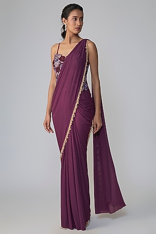 Wine Stretch Net Draped Saree Set by Dinesh Malkani