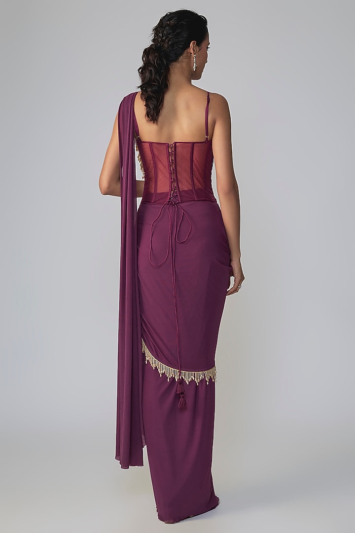 Wine Stretch Net Draped Wedding Saree Set by Dinesh Malkani at Pernia's Pop Up Shop