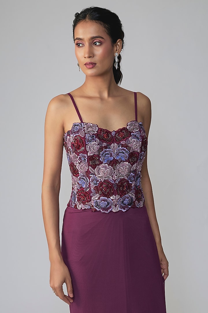 Wine Stretch Net Draped Wedding Saree Set by Dinesh Malkani at Pernia's Pop Up Shop