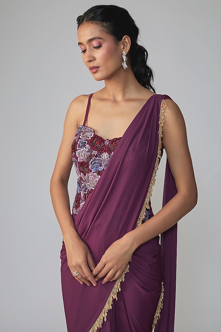 Wine Stretch Net Draped Wedding Saree Set by Dinesh Malkani at Pernia's Pop Up Shop