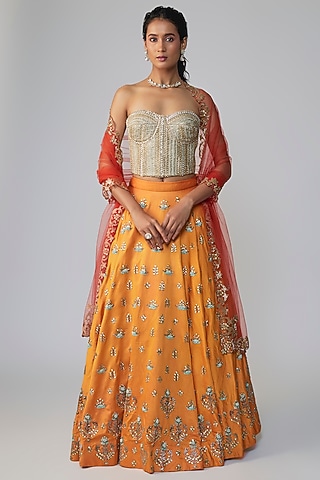 Orange Chanderi Lehenga Set by Dinesh Malkani