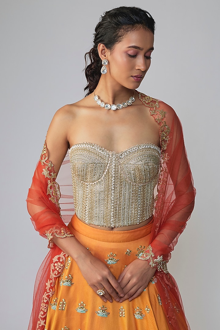 Orange Chanderi Wedding Lehenga Set by Dinesh Malkani at Pernia's Pop Up Shop