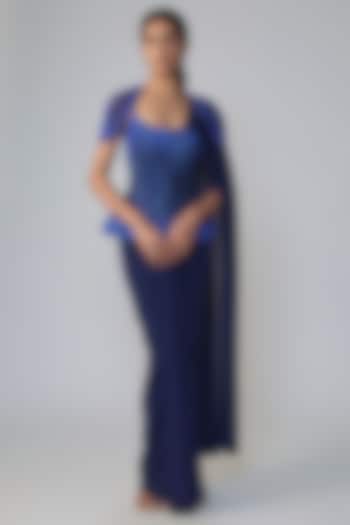 Blue Stretch Net Draped Wedding Saree Set by Dinesh Malkani at Pernia's Pop Up Shop