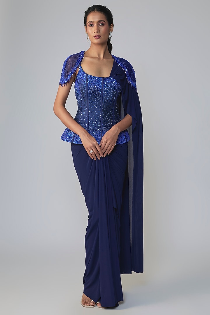Blue Stretch Net Draped Wedding Saree Set by Dinesh Malkani at Pernia's Pop Up Shop