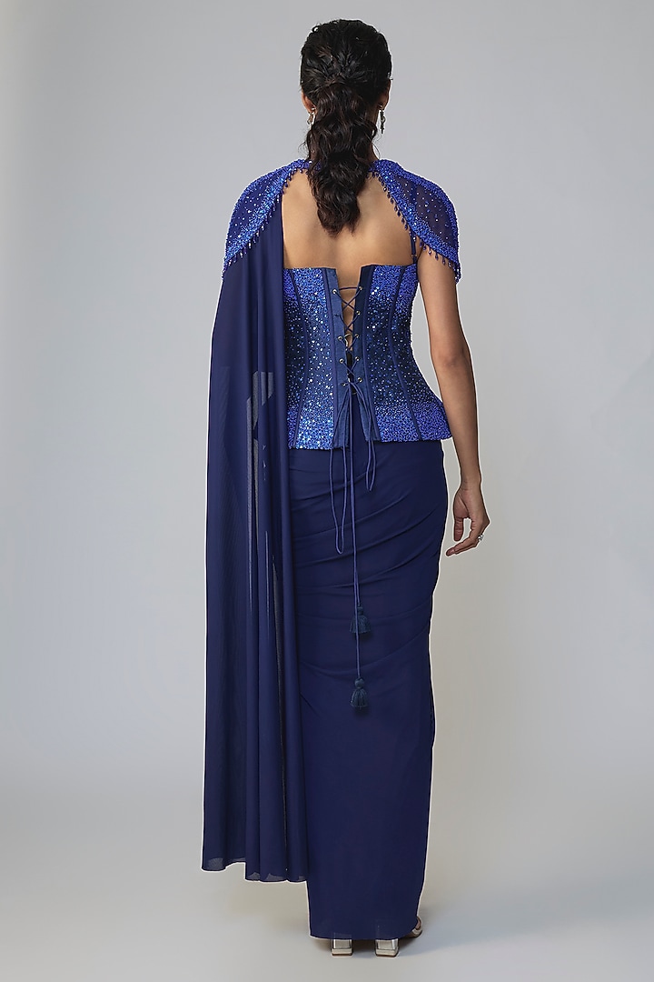 Blue Stretch Net Draped Wedding Saree Set by Dinesh Malkani at Pernia's Pop Up Shop