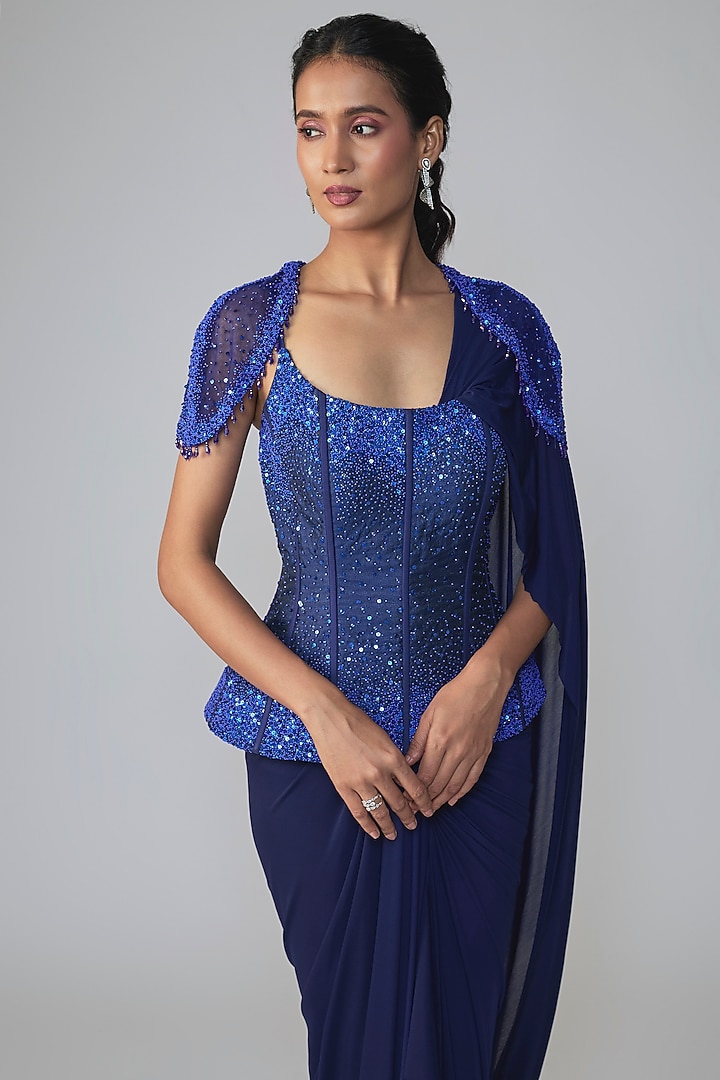 Blue Stretch Net Draped Wedding Saree Set by Dinesh Malkani at Pernia's Pop Up Shop