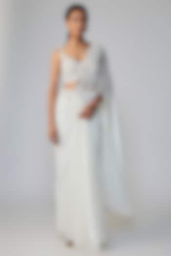 Ivory Stretch Net Cutwork Draped Wedding Saree Set by Dinesh Malkani at Pernia's Pop Up Shop