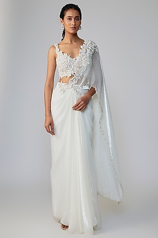 Ivory Stretch Net Cutwork Draped Saree Set by Dinesh Malkani