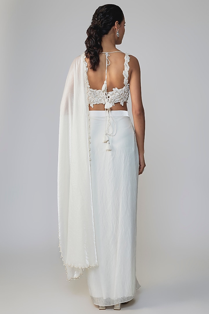 Ivory Stretch Net Cutwork Draped Wedding Saree Set by Dinesh Malkani at Pernia's Pop Up Shop