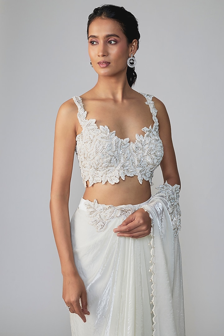 Ivory Stretch Net Cutwork Draped Wedding Saree Set by Dinesh Malkani at Pernia's Pop Up Shop