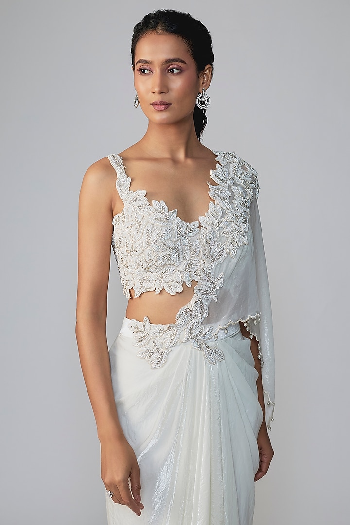 Ivory Stretch Net Cutwork Draped Wedding Saree Set by Dinesh Malkani at Pernia's Pop Up Shop